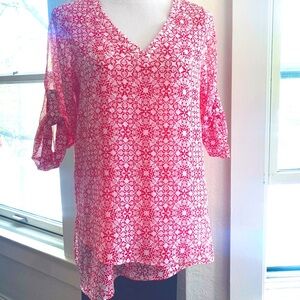 The Limited Red Asymmetrical 3/4 Sleeve Blouse Sheer S 3/$15